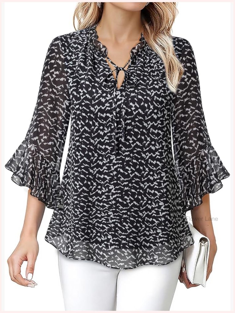 Ruffle Neck Blouse 3/4 Sleeve Chiffon Tops Dressy Casual Work Shirt